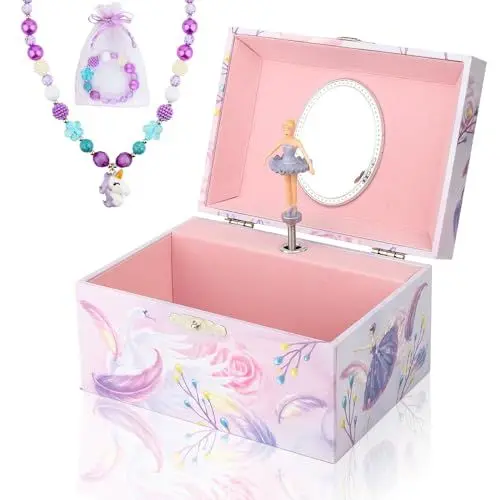 Produktbild: Homtibrm Schmuckkästchen mit Spieluhr für Mädchen mit Einhorn-Schmuckset, Kinder-Schmuckkästchen Musikkästchen mit sich drehenden Ballerina, Ballerina Schwanensee Melodie