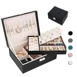 Produktbild: Homtibrm Schmuckkasten, Schmuckkästchen mit 2 Ebenen, PU-Leder Schmuckbox Schmuckschatulle Groß Schmuck Organizer für Ringe Ohrringe Armbänder Halsketten, Schwarz