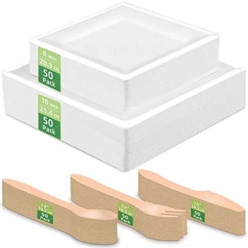 Produktbild: HOMURG Einweg Teller und Holz Besteck 50 Set, Party Geschirrset mit Eckige Dessertteller + Essteller + Gabeln Messer Löffel 250 Stück, Einweggeschirr Weihnachtsgeschirr mit Holzbesteck für 50 Personen