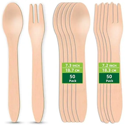 Produktbild: HOMURG Holz Besteck Löffel und Gabeln Set Einweg 100 Stück, Einwegbesteck mit 50 Kuchengabel + 50 Dessertlöffel, Essbesteck Sets Holzgabeln und Holzlöffel, Partygabeln und Einweglöffel für 50 Personen