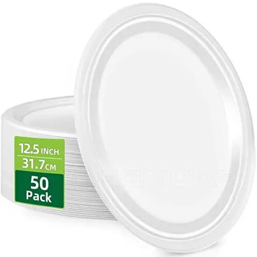 Produktbild: HOMURG Robuster Teller Oval Weiß 50 Stück, Nachhaltige Einwegteller und Pappteller, Geschirr Oval Große 32 x 25 cm, Partyteller und Hochzeitsteller 50 Gäste, Halloween Pappteller Weihnachts Geschirr