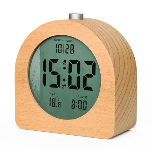 Produktbild: HOMVILLA Wecker, Wecker Digital Batteriebetrieben Hölzernes mit LCD-Temperatur-Datumsanzeige und Schlummerfunktion(3 AAA-Batterien im Lieferumfang enthalten)