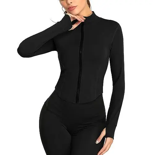 Produktbild: HomyComy Laufjacke Damen Enge Atmungsaktive und Leicht Sportjacke Langarm definieren Jacke mit Daumenloch für Fitness Trainingjacke Jacke Schwarz XL