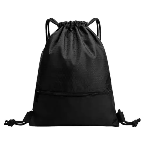 Produktbild: HomyComy Turnbeutel, Kordelzug Sportbeutel,Turnbeutel Daypack Gym Bag Mit Reissverschluss Tunnelzug Gymsack für Fitness Schulturnhalle Reisen Schwimmen Strandurlaub für Damen Herren Schwarz