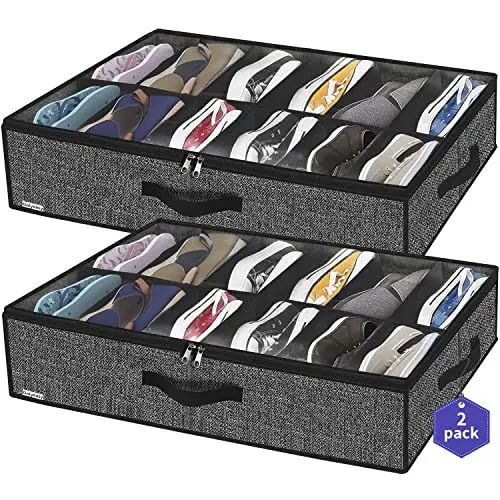 Produktbild: homyfort 2 Stück Unterbett-Kommode für Schuhe mit Durchsichtigem Deckel - Schuhaufbewahrungstasche Starke Aufbewahrungskiste für Schuhaufbewahrung mit 12 Fächern, Leinen Schwarz, XAUBSB2P