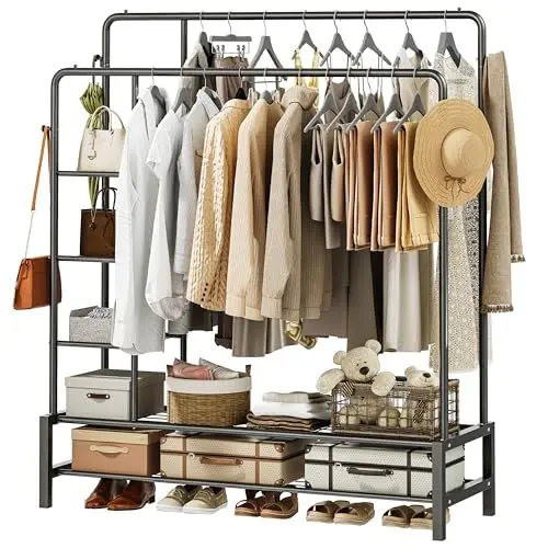 Produktbild: HOMYTECH KleiderstÄnder, Doppelt, 34 x 125 x 165 cm Garderobenständer mit Kleiderstange, Offener Kleiderschrank, Metallisch, Stabil, mit 3 Lagen Seitenablagen, 2 Lagen Bodenablagen, 4 Haken, Schwarz