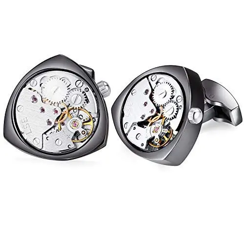 Produktbild: HONEY BEAR 1 Paar Herren Manschettenknöpfe Cufflinks Steampunk Uhrwerk Bewegung beweglich Edelstahl für Geschäftshochzeitsgeschenk mit Kasten,Dreieck (Schwarz)