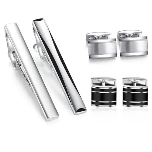 Produktbild: HONEY BEAR Herren manschettenknöpfe krawattennadel set,Shirt Zubehör, Edelstahl für die Hochzeit,Silber schwarz (mit Box)