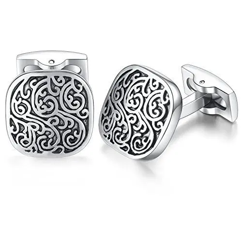 Produktbild: Honey Bear Herren Hochzeit Retro Muster Geschnitzt Manschettenknöpfe Cufflinks Edelstahl Manschettenknopf (Silber mit Schwarz) (Platz)