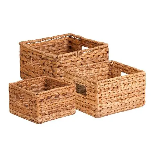 Produktbild: Honey Can Do DREI gewebte Aufbewahrungskörbe aus Wasserhyazinthe mit Griffen, Bananenblatt, Stahl, Natur, 3-Pack, 3