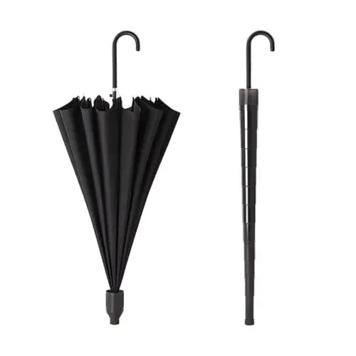 Produktbild: Honey & Thyme Sturmfester Regenschirm mit integrierter Hülle – 16 Rippen, 120 cm Durchmesser, 88 cm Höhe, 460 g, 190T Pongee Stoff, Fiberglas-Rahmen, Stahl-Stiel (Black)