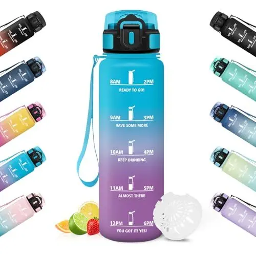 Produktbild: HoneyHolly Trinkflasche 1L, Zeitmarkierung, Wasserflasche, Auslaufsicher, Trinkflasche Sport, Wiederverwendbar, Water Bottle für Fitnessstudio, Radfahren, Büro, Outdoor, Wasserflasche Auslaufsicher
