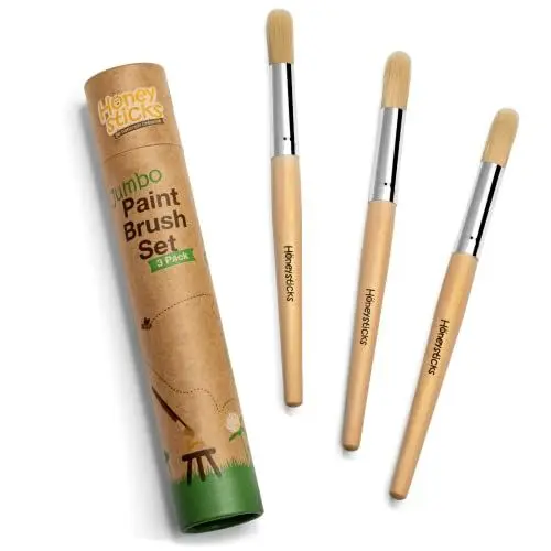 Produktbild: Honeysticks Jumbo-Pinsel-Set, 3 Stück, Jumbo-Pinsel für Kinder mit einem großen Holzgriff für einfachen Halt, perfekt für Kleinkinder- und Vorschulmalerei, praktischer Aufbewahrungsbehälter, vegan