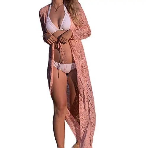 Produktbild: HongHu Damen Spitze Hollow Lose Strand Bluse Bikini Sheer Gown Durchsichtig Kimono Robe Outerwear Cardigan Gr. onesize, rose