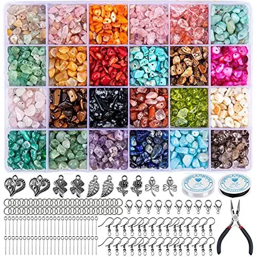 Produktbild: HONGTEYA Schmuck Selber Machen Set, 24 Farben Natürliche Edelstein-Perlen,5–7 mm Steinperlen, 1073 Stück Ringe Selber Machen Set für DIY Schmuck Halskette Armband Ohrring