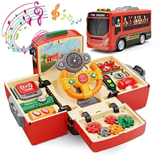 Produktbild: HONGTUO Feuerwehrauto Mit Pädagogischer Bedeutung, Simulation Lenkrad Fahren, Kleinkinder Spielzeug Mit Sound und Licht, Geschenk für 1-3-5 Jährige Jungen & Mädchen