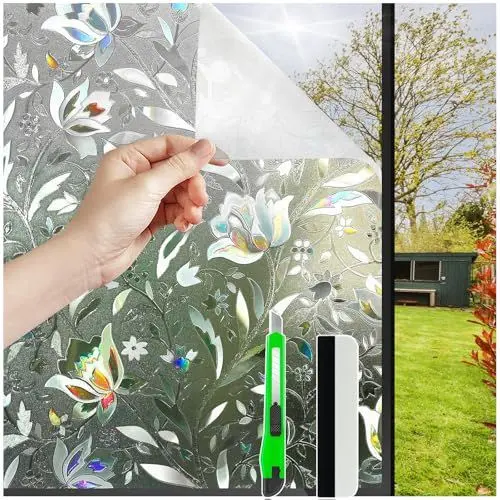Produktbild: HONLONE Fensterfolie Bunt, 44,5x200cm Milchglasfolie Selbstklebend Fenster Blumen Tulpe, Sichtschutzfolie Fenster Innen 3D Regenbogen Folie Fenster ichtschutz, Fensterfolie Blickdicht Anti UV