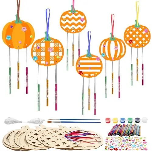 Produktbild: HONMOK 10 Stück Halloween Kürbis Windspiel Bastelset Kinder Halloween Kürbis Basteln DIY Kürbis Klangspiele zum Bemalen Pumpkin Holzbastelset Kreativsets für Mädchen Junge Halloween Herbst
