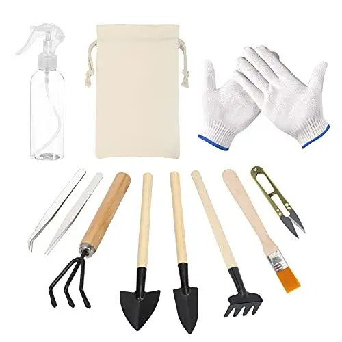 Produktbild: HONMOK 10 Stück Mini Gartenwerkzeug Set Bonsai Werkzeug Miniatur Gartengeräte Gartenarbeit Werkzeug für Sukkulenten Topfpflanze Gartenpflege Pflanzenpflege