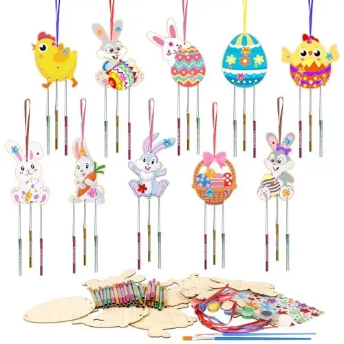 Produktbild: HONMOK 10pcs Ostern Windspiel Bastelset, Ostern Basteln Holz mit Osterhase Osterküken Osterier, Osterwindspiel mit Acrylfarbe, Osternbasteln zum Bemalen, Osterndeko Geschenk für Frühling Mädchen Junge