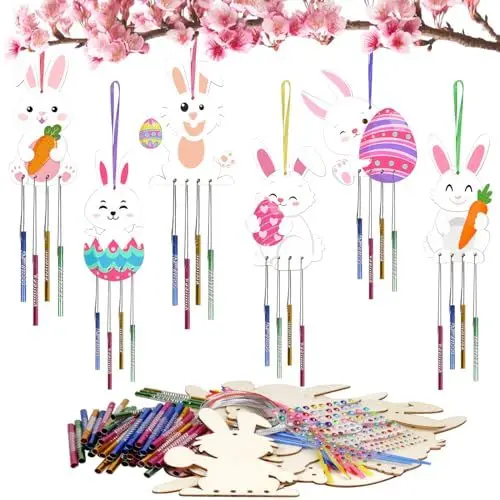 Produktbild: HONMOK 12 Stück Ostern Hasen Windspiele Bastelset Kinder Osterhase Windspiele Basteln DIY Kaninchen Klangspiele Handwerk zum Bemalen für Osterdeko Frühling Mädchen Junge Geschenk