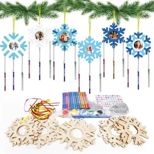 Produktbild: HONMOK 12 Stück Schneeflocken Fotorahmen Windspiel Bastelset Kinder Schneeflocke Bastelhandwerk zum Bemalen Weihnachten Holzfotorahmen Kreativsets Geschenk für Mädchen Junge Weihnachtsdeko