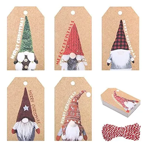 Produktbild: HONMOK 150 Stück Weihnachten Geschenkanhänger Kraftpapier Etiketten Anhänger Xmas Hängeetiketten Wichtel Weihnachtsgeschenkanhänger mit 10m Juteschnur für Geschenke Verpackung Weihnachtsbaum Deko