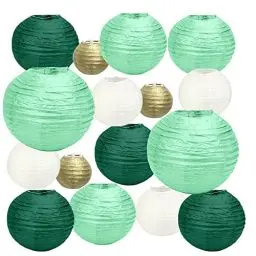 Produktbild: HONMOK 16 Stück Papierlaternen grün gold weiß Chinesische Papier Laterne Retro Olivgrün Baby Party Dekoration Hängende Papierlaternen für Taufe BabyParty Hochzeit Geburtstag