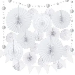 Produktbild: HONMOK 20 Stück Weiß Papierfächer Dekoration Hochzeit Dekoration Set Seidenpapier Pompoms Lampions Wabenbälle mit Girlanden Hochzeitsdeko Hängende Dekoration für Hochzeit Taufe Geburtstag Party