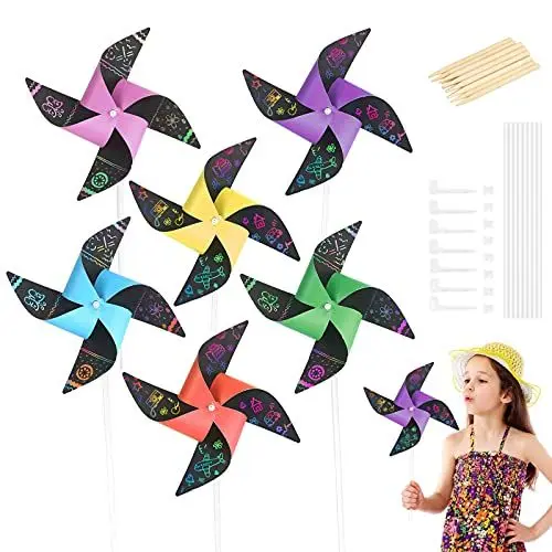 Produktbild: HONMOK 24PCS Kratzbilder Windrad Kinder, Regenbogen Kratzpapier Windmühle Set zum Basteln, Magic Scratch Windmill, DIY Scratch Art fantastischen Kratzmotiven für Kinder Frühling Kunsthandwerk