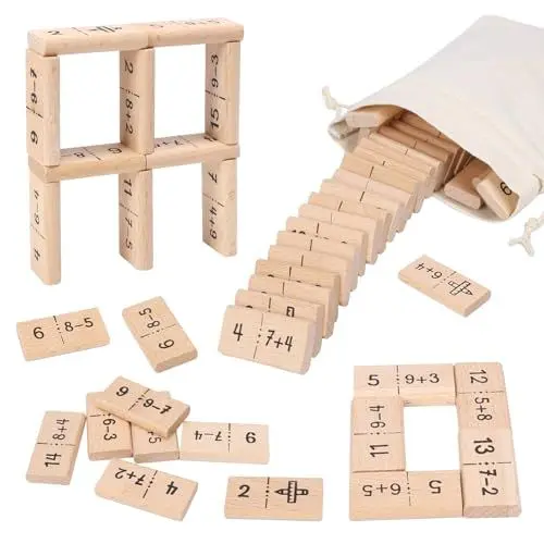 Produktbild: HONMOK 38pcs Mathe Domino Rechnen Lernen Spielzeug Lustiges Rechenspiele Mathe Dominosteine aus Holz Addition und Subtraktion Lernspielzeug für Kinder Mathematik Grundschule Einschulung