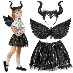 Produktbild: HONMOK 3 Stück Königin Hörner Kostüm Kinder Mädchen Teufelsflügel Kostüm Schwarz Pailletten Tutu mit Hörner Haarreif Halloween Kostüm Cosplay für Walpurgisnacht Halloween Party Karneval Fasching