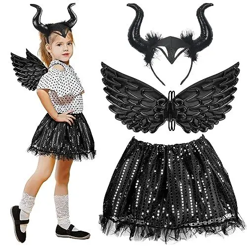 Produktbild: HONMOK 3 Stück Königin Hörner Kostüm Kinder Mädchen Teufelsflügel Kostüm Schwarz Pailletten Tutu mit Hörner Haarreif Halloween Kostüm Cosplay für Walpurgisnacht Halloween Party Karneval Fasching