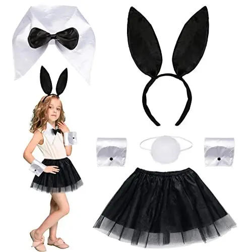 Produktbild: HONMOK 4 Stück Hasenkostüm Kinder Set Hasenohren Stirnband Schwarz Tutu mit Fliege Schwanz Manschetten Mädchen Hasen Cosplay Kostüm Kaninchen Bunny Kostüm für Halloween Karneval Party Ostern