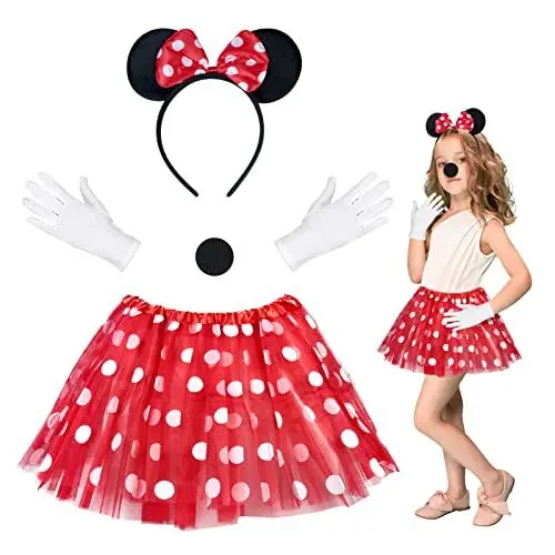 Produktbild: HONMOK Minnie Maus Kostüm Kinder 4 Stück Mädchen Minni Mouse Kostüm Set mit Maus Ohren Haarreifen Gepunkteter Tutu Weiße Handschuhe Nase Faschingskostüme für Karneval Fasching Mottoparty