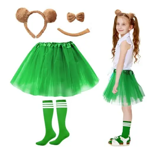 Produktbild: HONMOK 6 Stück Streifenhörnchen Kostüme Set Kinder Chipmunks Set gestreifte Kniestrümpfe Streifenhörnchen Ohren Stirnband Grün Tutu Schwanz Fliege Tierkostüm Zubehör für Mädchen Karneval Fasching