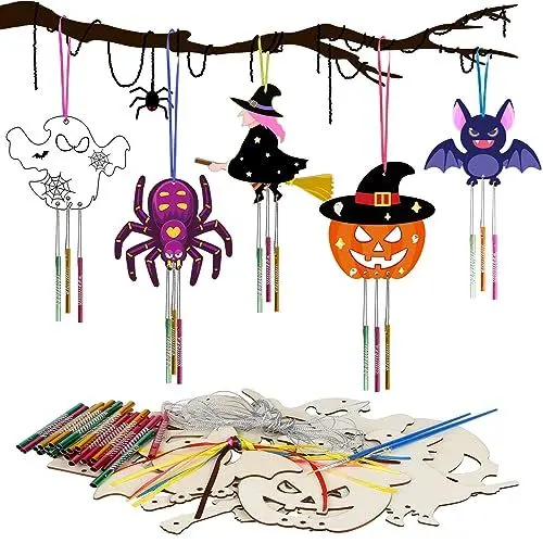 Produktbild: HONMOK 9 Stück Halloween Windspiel Bastelset Halloween Kinder Holz Basteln Kürbis Hexen Fledermaus Geist Klangspiel Bastelhandwerk zum Bemalen Geschenke für Mädchen Junge Halloween Party