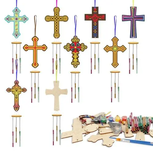 Produktbild: HONMOK 9pcs Kreuze Windspiel Bastelset Holzkreuz Klangspiel Osterbasteln DIY Bastelhandwerk zum Bemalen und Basteln Ostern Holzbastelsets Kreativset für Kinder Jungen Mädchen Ostern Frühling