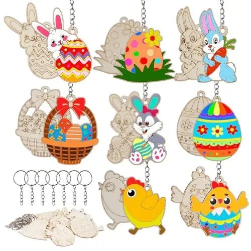 Produktbild: HONMOK Ostern Schlüsselanhänger Bastelset, 16pcs Holz Osterfest Anhänger für Kinder, Osterei Osterhase Osterküken Holzanhänger zum Basteln & Ausmalen, Ostern Ornamente aus Holz für Frühling Osterparty