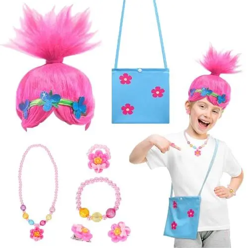 Produktbild: HONMOK 7pcs Poppy Kostüm Kinder Mädchen Trolls Perücke Set mit Halsketten Armbänder Ohrringe Ringe Handtasche Trolls Prinzessin Kostüm Outfit für Karneval Fasching Cosplay Halloween Geburtstag