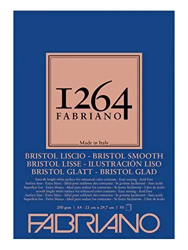 Produktbild: Honsell 19100654 - Fabriano Bristol-Block 1264, 4-fach geleimt, 200 g/qm, DIN A4, 50 Blatt weißes, extra glattes Papier, säurefrei, ideal für alle Trockentechniken und leichte Nasstechniken
