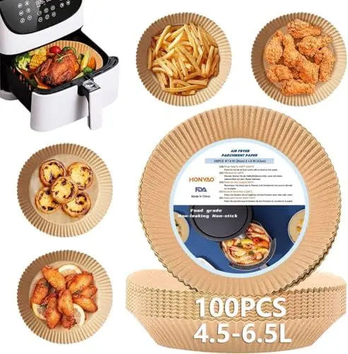 Produktbild: HONYAO Backpapier für Heißluftfritteuse XL 4,5-6,5 L, Rund 20 cm 100 Stück Pergamentpapier Airfryer Liners, Disposable Paper für Ofen und Air Fryers