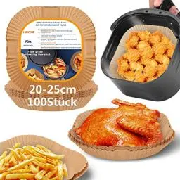 Produktbild: HONYAO Backpapier für Heißluftfritteuse XXL 5-7,5 L, 100 Stück Quadrat 20x20 cm Air fryer Backpapier Antihaft Einwegschalen Luftfritteuse Pergamentpapier Kompatibel mit COSORI,Philips,Cecotec Airfryer