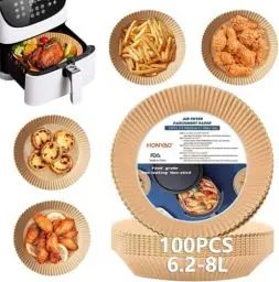 Produktbild: HONYAO Backpapier für Heißluftfritteuse XXL 6,5-9 L, Rund 23 cm 100 Stück Pergamentpapier Airfryer Liners, Einwegartikel Paper Zubehör für Ofen und Air Fryers