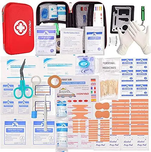 Produktbild: HONYAO Erste Hilfe Set, 200-Teiliges Medizinisch Überlebens Kompakt Kit Kasten mit Leicht Harte Box für Auto Motorrad Zuhause Arbeitsplatz Draussen Camping Wandern Notfall