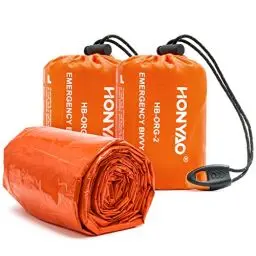 Produktbild: HONYAO Notfalldecke Schlafsack, Survival Biwaksack Erste Hilfe Rettungsdecken Wasserdicht Notfallzelt Ultraleicht Hitzeabweisend Kälteschutz mit Signalpfeifen, für Outdoor Camping Wandern, 2 Stück