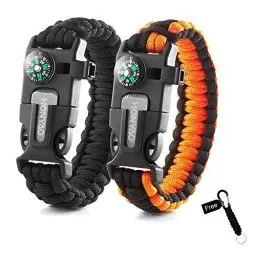 Produktbild: HONYAO Paracord Armband Survival Gear Multifunktions Kit mit Eingebautem Kompass, Feuerstarter, Notfallmesser & Whistle - Schnellwechsel Slim Buckle Design Wanderausrüstung (2 Stück + Geschenk)