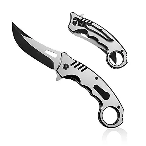 Produktbild: HONZIN 2 in 1 Klappmesser 3Cr13 Edelstahl Taschenmesser mit Schraubenschlüssel mit mehreren Spezifikationen Jagdmesser Stahlgriff Ergonomisches tragbares Camping Messer(Silber)