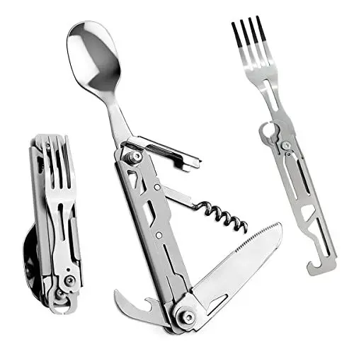 Produktbild: HONZIN Camping Besteck Utensilien, 5 in 1 Multifunktions Klappbesteck, tragbares Edelstahl Besteck Set für Reisen, Wandern, Rucksackreisen, mit Kordelzugbeutel (1 Pack)