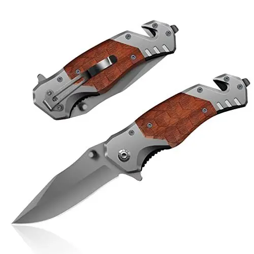 Produktbild: HONZIN Klappmesser 3 in 1 Taschenmesser Edelstahl Multitool, Camping Überlebensmesser (Holzgriff)